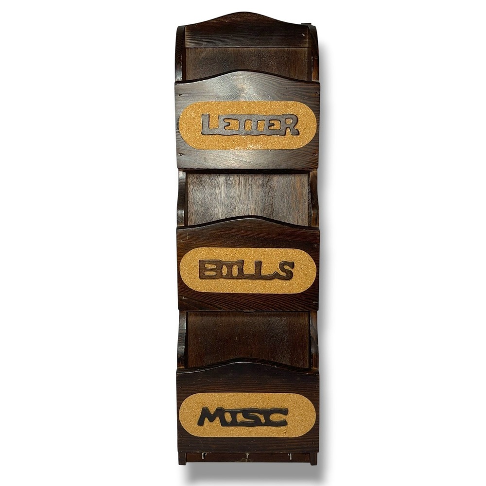 Vintage Wooden Letter Bills Misc Wall Organizer Mail Holder 3 Hooks Grannycore